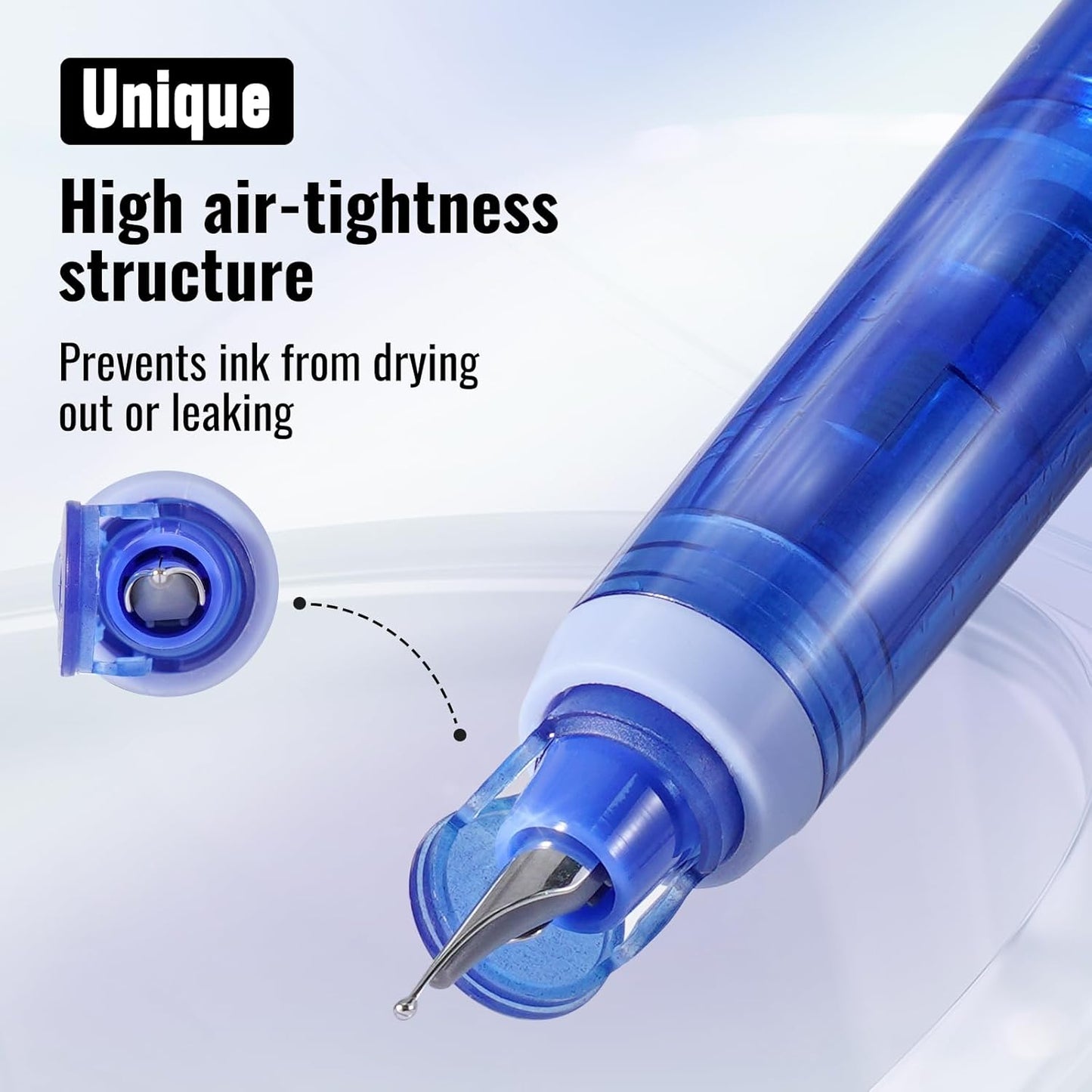 WRITECH Clictek Fountain Pen Retractable: Blue Ink Medium Nib Transparent Barrel, Gift Set Includes 5 Ink Cartridges for Smooth Writing No Leaking