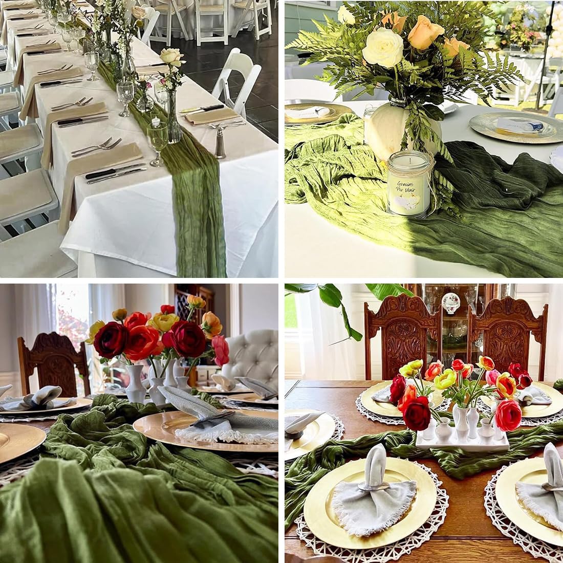 Olive Green Cheesecloth Table Runner -21*120Inch Long Boho Wedding Table Decor, Rustic Gauze Fabric Runner for Bridal Showers, Baby Showers & Parties (Sheer, Lightweight, Wrinkled Design)