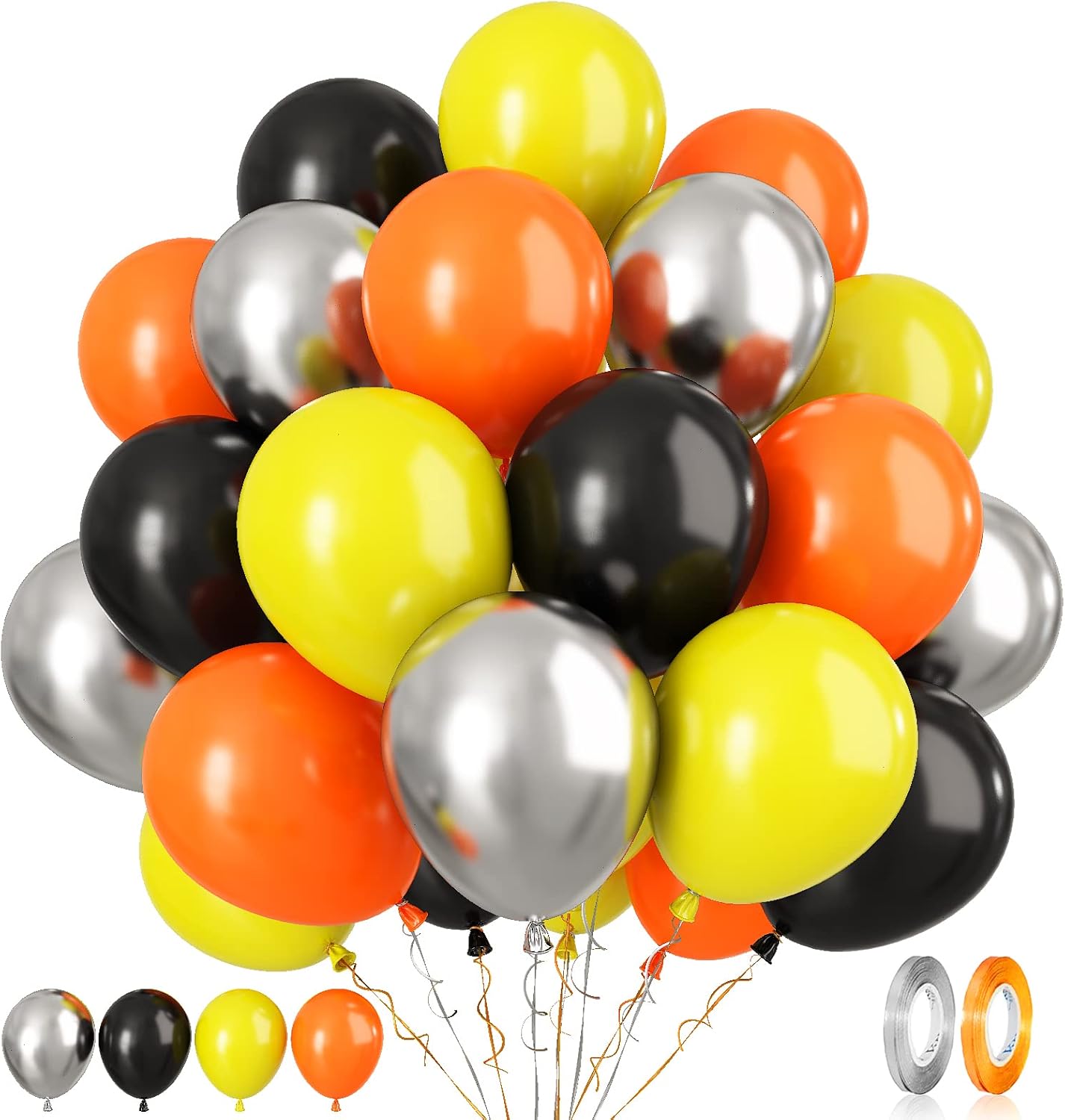 Paready Black Orange Yellow Balloons, 60 Pcs 12 Inch Orange Black Yellow and Metallic Silver Balloons, Car Theme Party Balloon for Kids Construction Theme Birthday Baby Shower Party Decorations