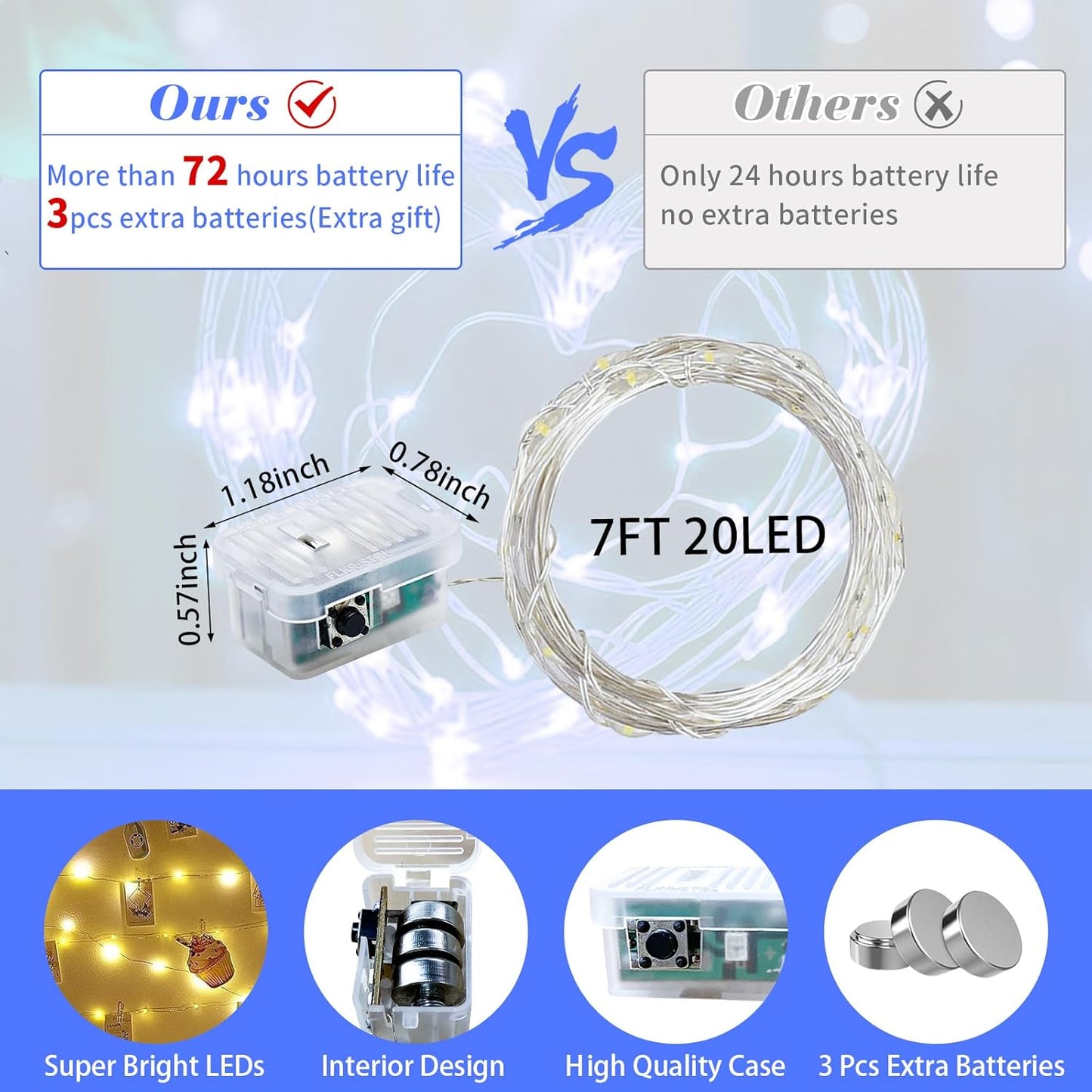 24 Pack Blue Fairy Lights 7Ft 20 LED Twinkle String Lights 3 Modes Battery Operated Waterproof Firefly Starry for Mason Jar Party Wedding Christmas Valentines Day Table Centerpieces