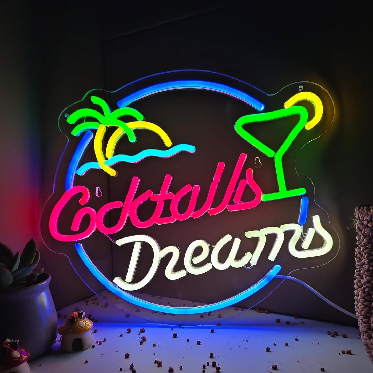 Cocktails Dreams Neon Sign Led Wall Decor Man Cave Neon Light Up Signs Wall Art for Bar Home Room Bedroom USB Powered 15.7"x12.7"