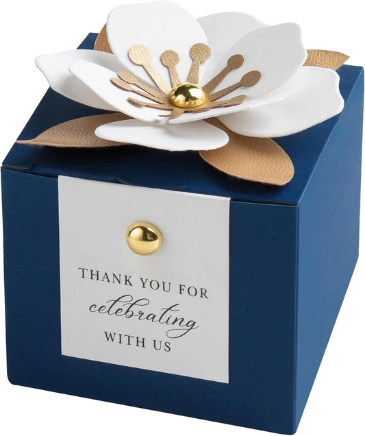 FEIYI 20 PCS Candy Boxes, 3 In 1 Navy Blue Favor Boxes with Floral Decor, White Thank You Tags Gift wrapping for Wedding Birthday Baby Shower Decorations Party -2.55x2.55x2.55''
