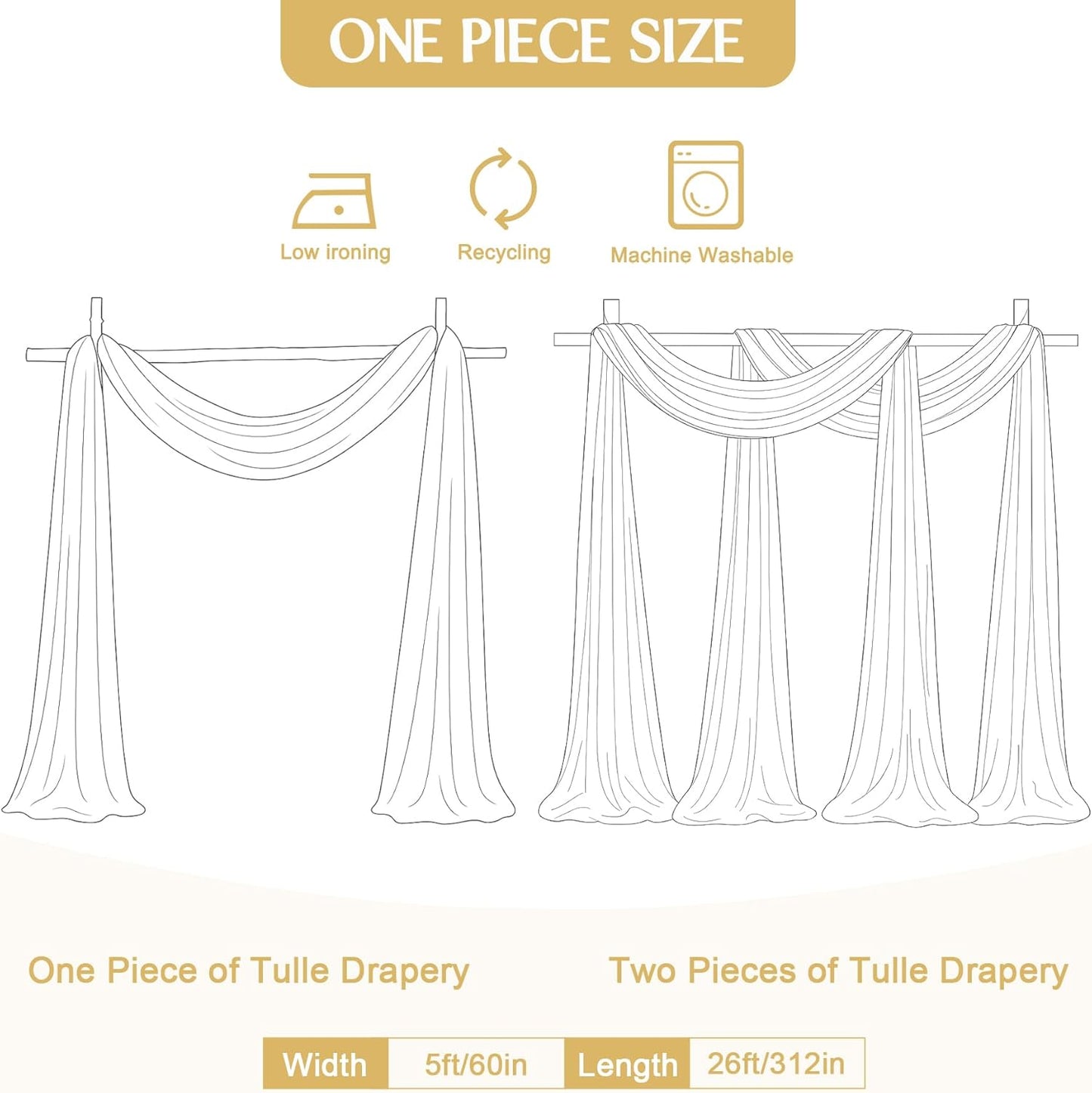 White Arch Draping Fabric for Wedding, 60" x 26Ft Chiffon Drapery Fabric Drapes Backdrop for Wedding Ceremony Baby Shower Bridal Shower Decoration(1 Panel)