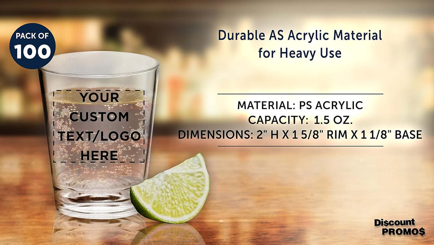 Custom Translucent Plastic Shot Glasses 1.5 oz. Set of 100, Personalized Bulk Pack - Acrylic, Great for Wedding, Party, Birthday, Gifts - Clear