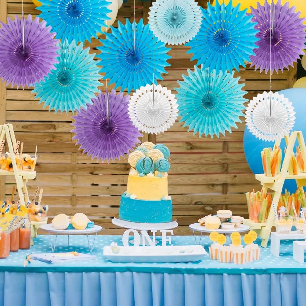 SUNBEAUTY Pack of 11 Purple Lavender Blue Hanging Honeycomb Paper Fans Decoration Mermaid Theme Tissue Paper Fan Garland for Baby Shower Girl Kid Birthday Under The Sea Wedding Party Supplies