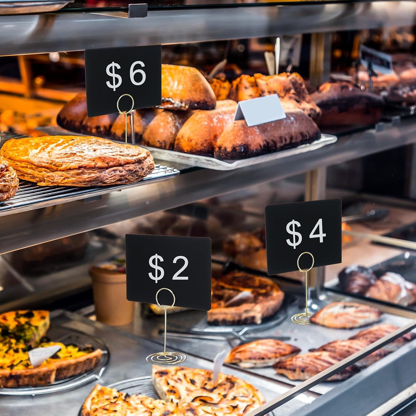 TecUnite 24 Pack Mini Chalkboard Signs, 4"x3" Small Table Place Cards with Metal Stand and 2 Marker Pens Food Labels for Party Buffet, Tabletop Blackboard Signs Name Tags for Wedding Bakery(Gold)