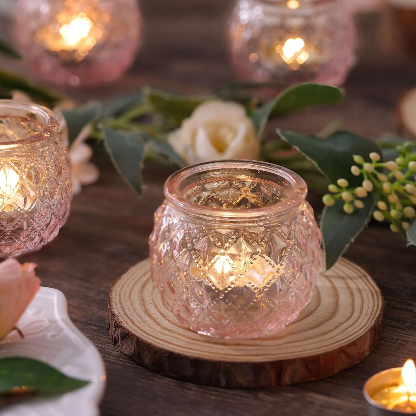 DARJEN 12Pcs Pink Votive Candle Holders - Round Glass Candle Holders for Flameless LED Tea Waxes, Romantic Candle Holder for Wedding & Home Table Decor, Various Parties