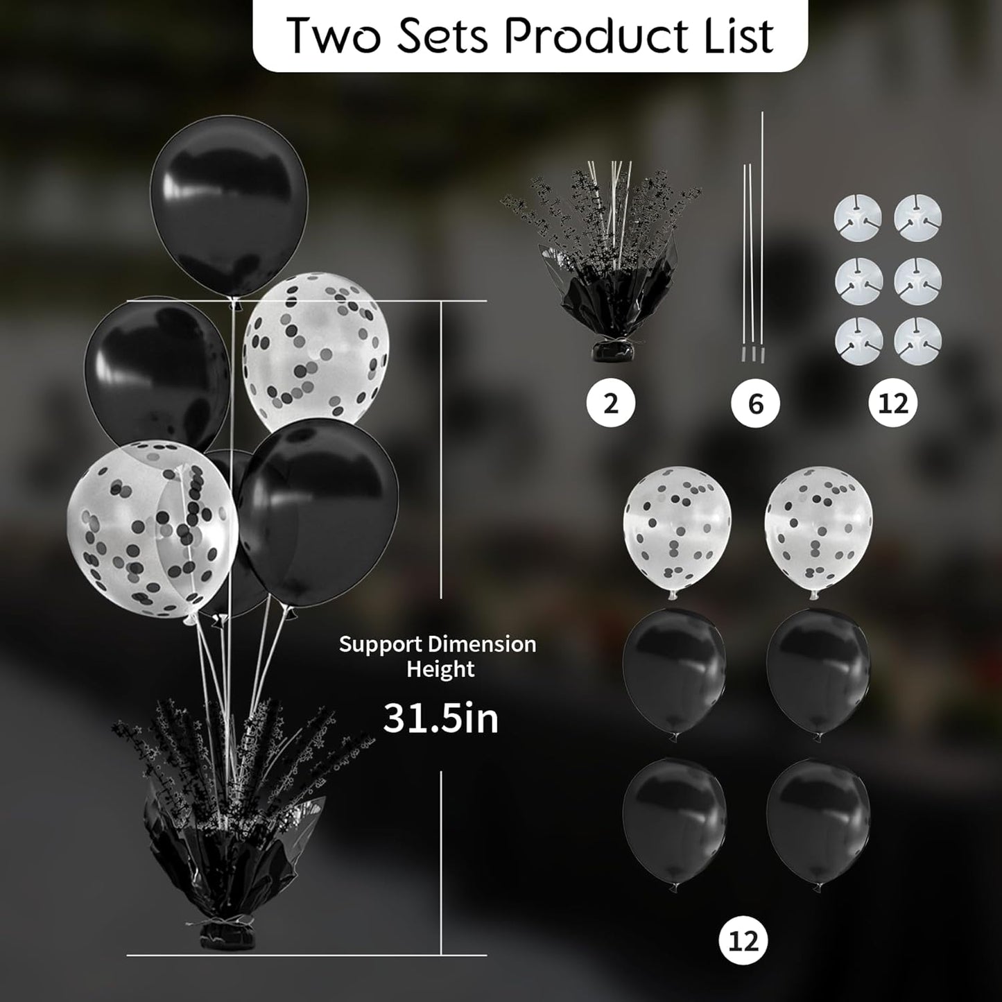 2 Set Black Balloon Table Centerpieces for Birthday Parties, Balloon Stand Kit with Black Balloons for Table Decoration