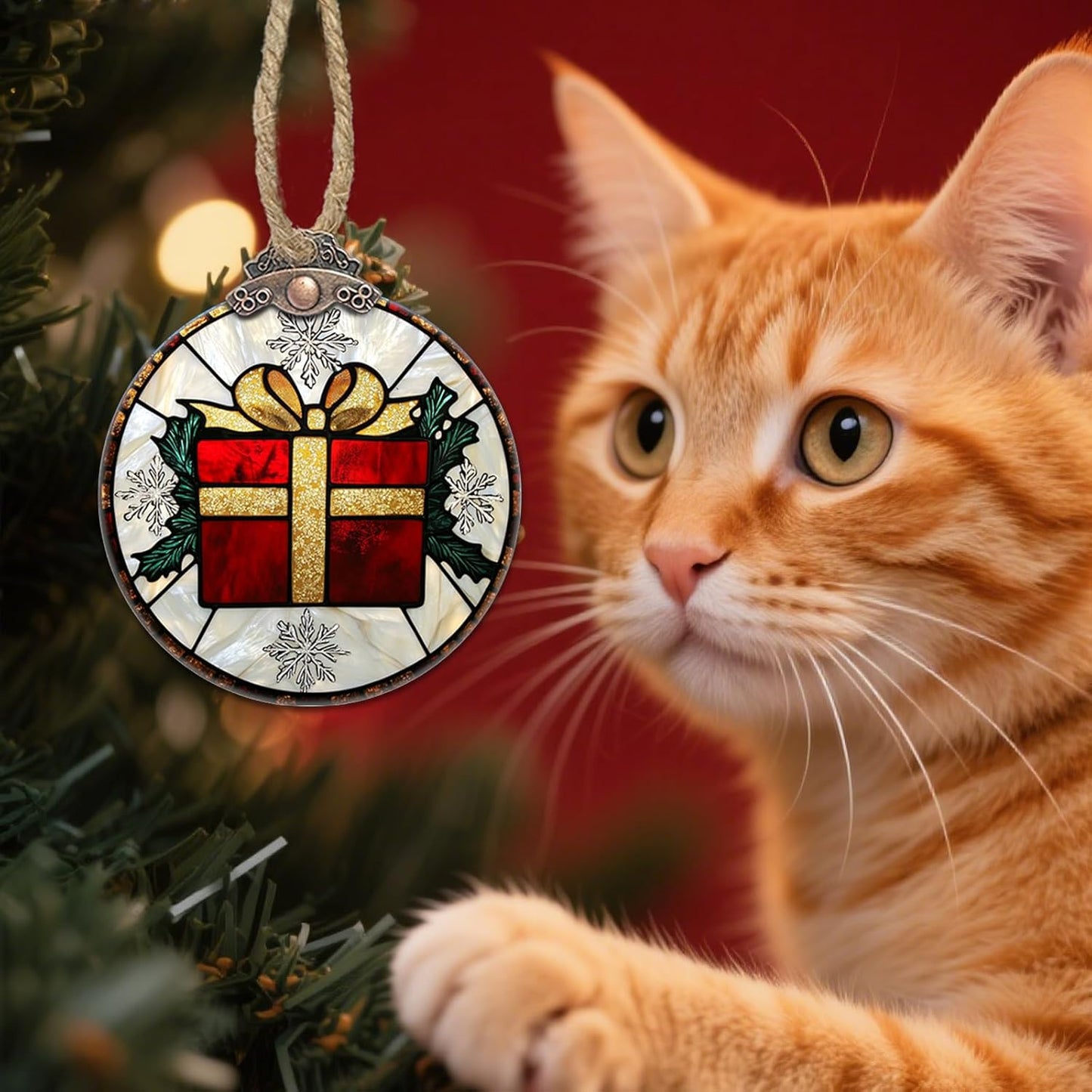 Stained Glass Christmas Decorations, Gold Ribbon Suncatcher for Window Christmas Tree Hanging Ornaments Retro White Snowflake Sun Catcher Xmas Decor Gifts for Women Men Mom Nana Friend