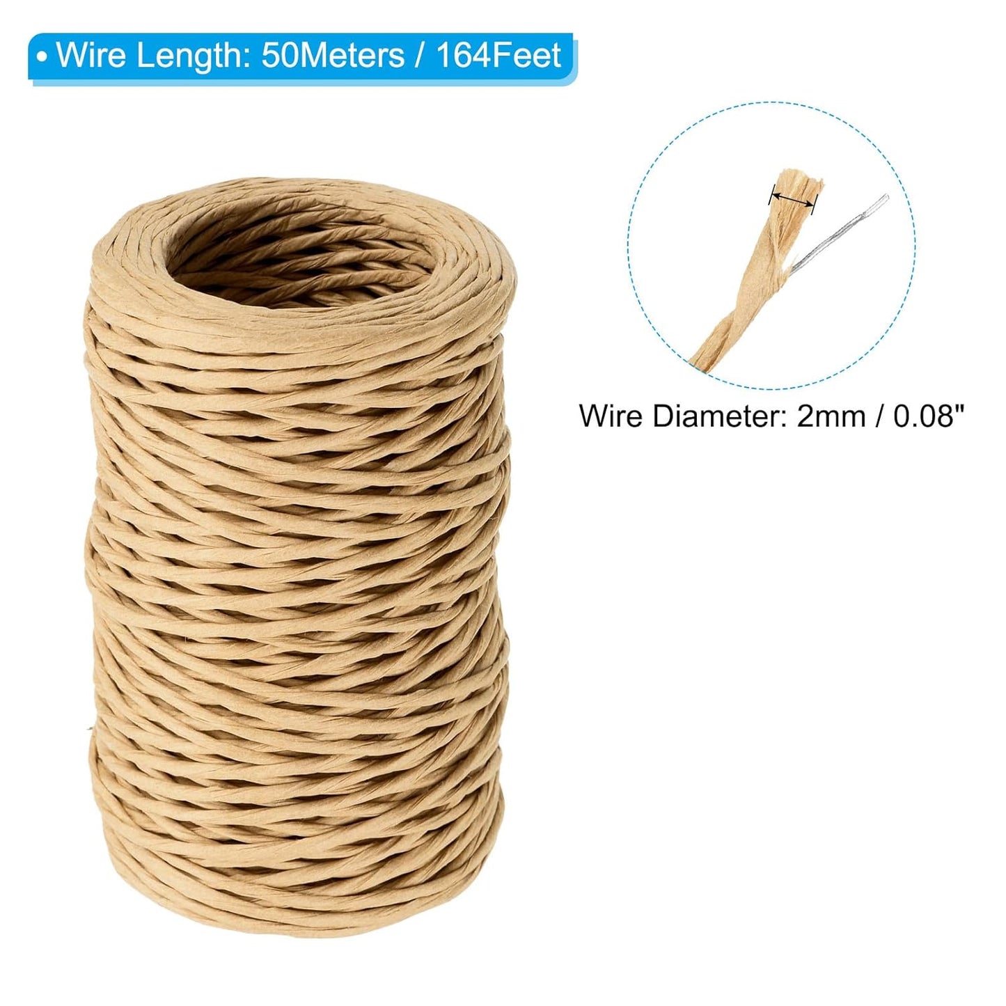 PATIKIL 164 Feet Floral Bind Wire Wrap Twine, 2mm Florist Wire Iron Wire Paper Covered Vine Wrapping Binding Wire for Flower Bouquets, Khaki