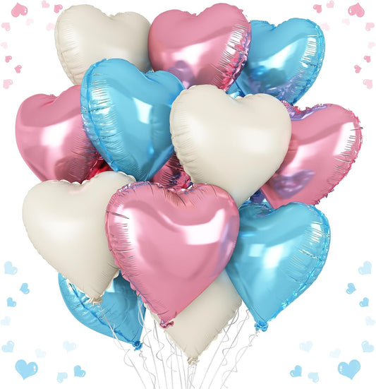Pink Blue Heart Balloons, 18 Inch Nude White Blue Heart Shape Balloon, 12PCS Pink Cream White Helium Foil Heart Balloon for Birthday Baby Shower Engagement Wedding Anniversary Party Decoration