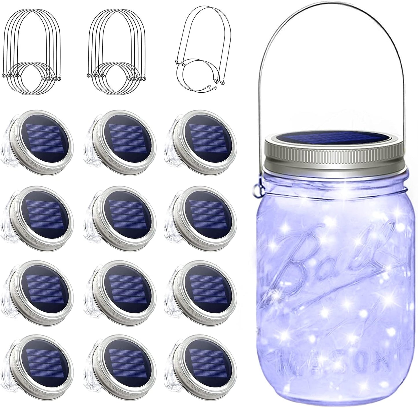 SunKite Solar Mason Jar Lights, 12 Pack 30 LED Waterproof Fairy Firefly Jar Lids String Lights with Hangers(NO Jars), Patio Yard Garden Wedding Decoration - Cool White
