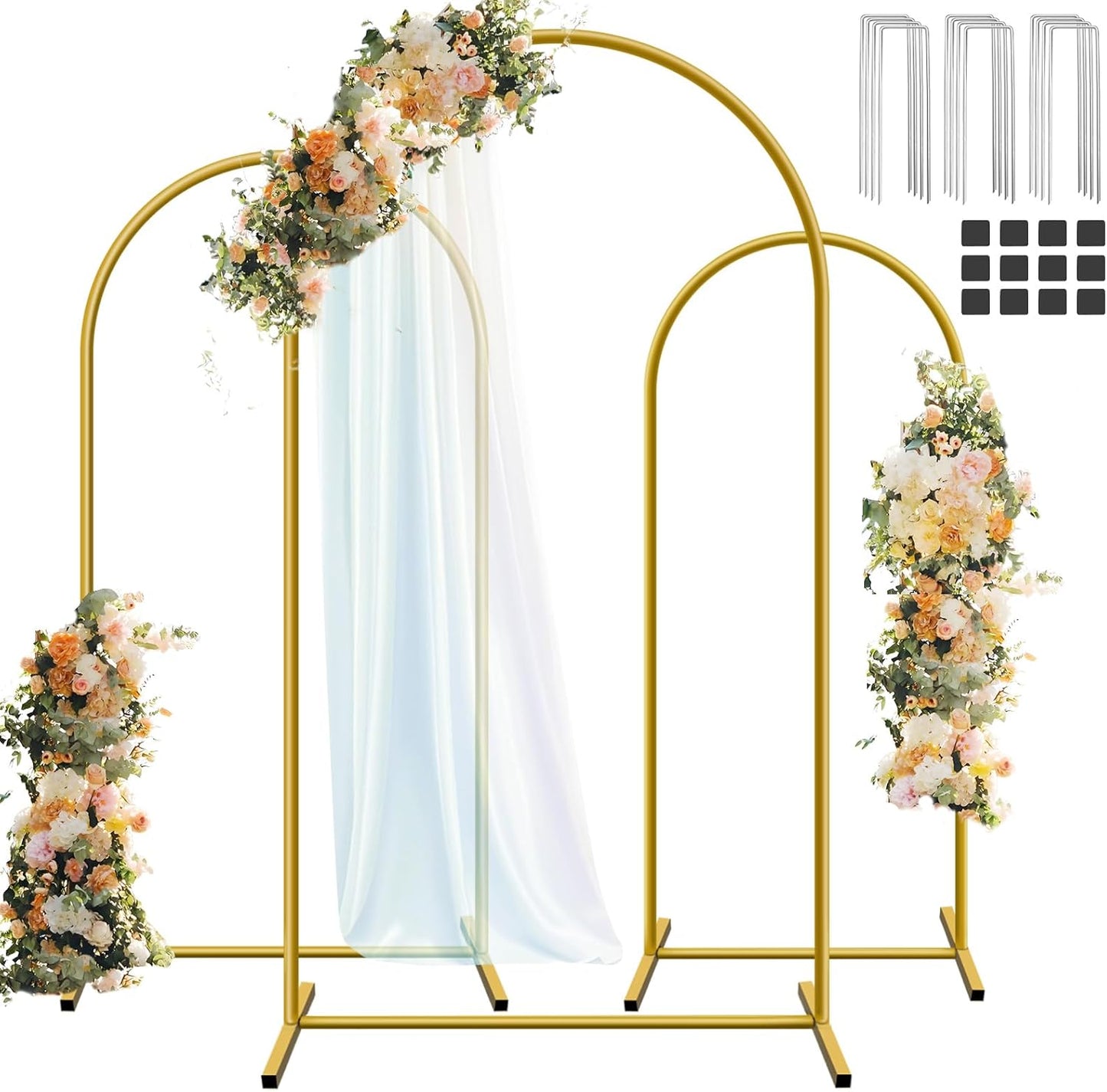 Hemmotop Metal Arch Backdrop Stand Set of 3, 6 ft/ 5 ft/ 4 ft Party Arch Stands for Wedding, Birthday, Baby Shower, Bridal Shower - Balloon Arched Frame for Garden Decor, Gold Floral Arches, 3 Pieces