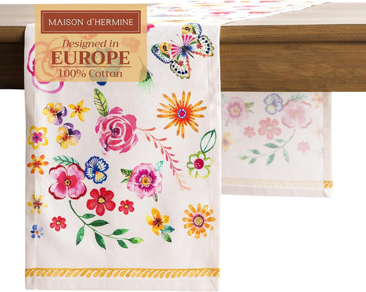 Maison d' Hermine Table Runner 100% Cotton Single Layer Table Runners 108 inches Long Decorative for Home Dining Party Wedding Bridal Shower Spring Summer (Happy Florals - Sweety, 14.50" x 108")