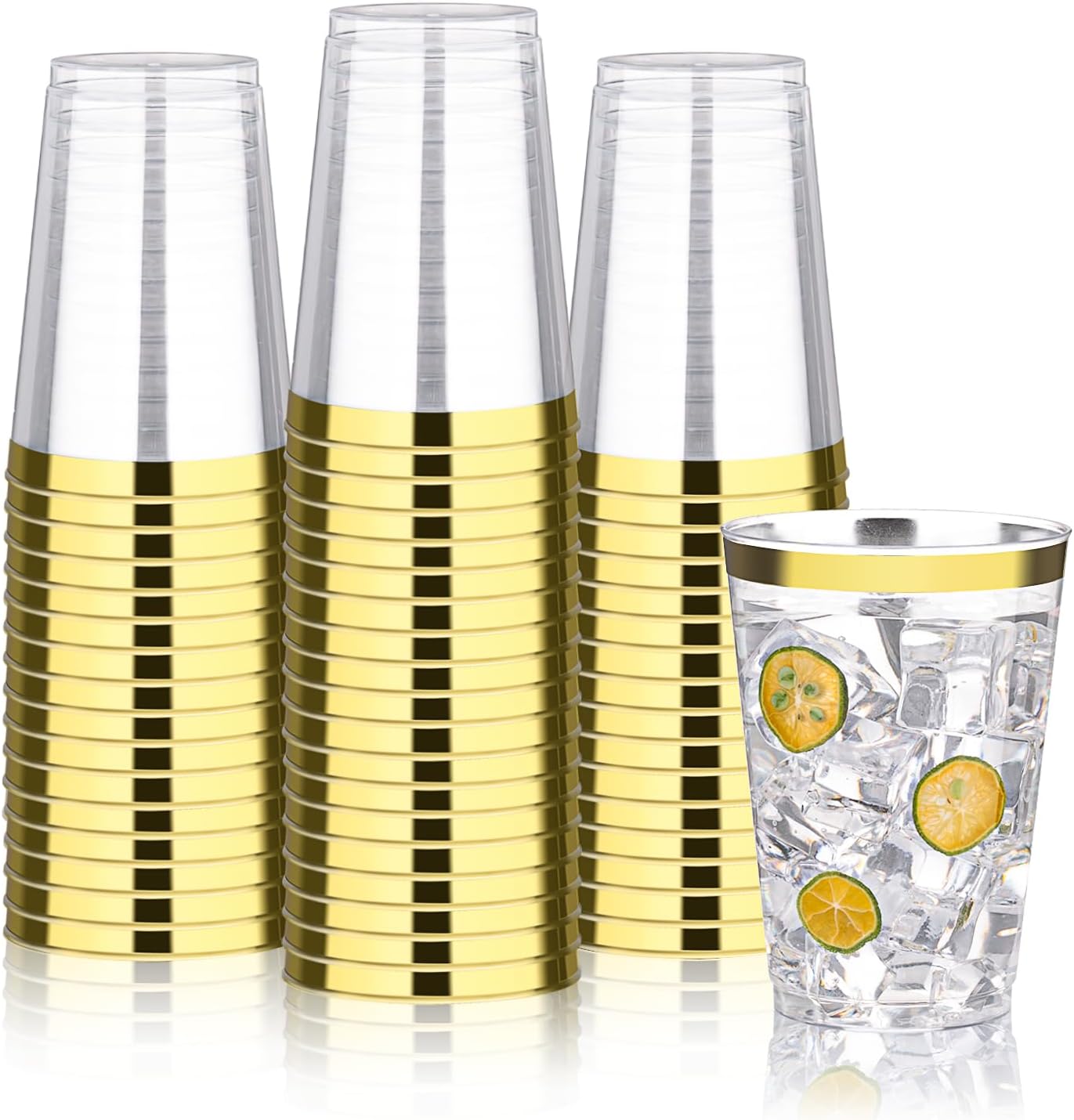 BESTVIP 12oz Gold Plastic Cups, 100 Pack Gold Rimmed Disposable Cups, Heavy-duty Party Cocktail Glasses, Plastic Cups for Party, Holiday, Christmas, Thanksgiving, Wedding and Birthday