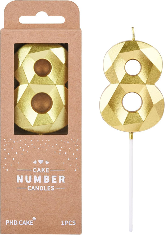 PHD CAKE 2.76 Inch Crystal Gold 8 Number Birthday Candles, Gold Number Candles, Cake Number Candles, Party Celebration