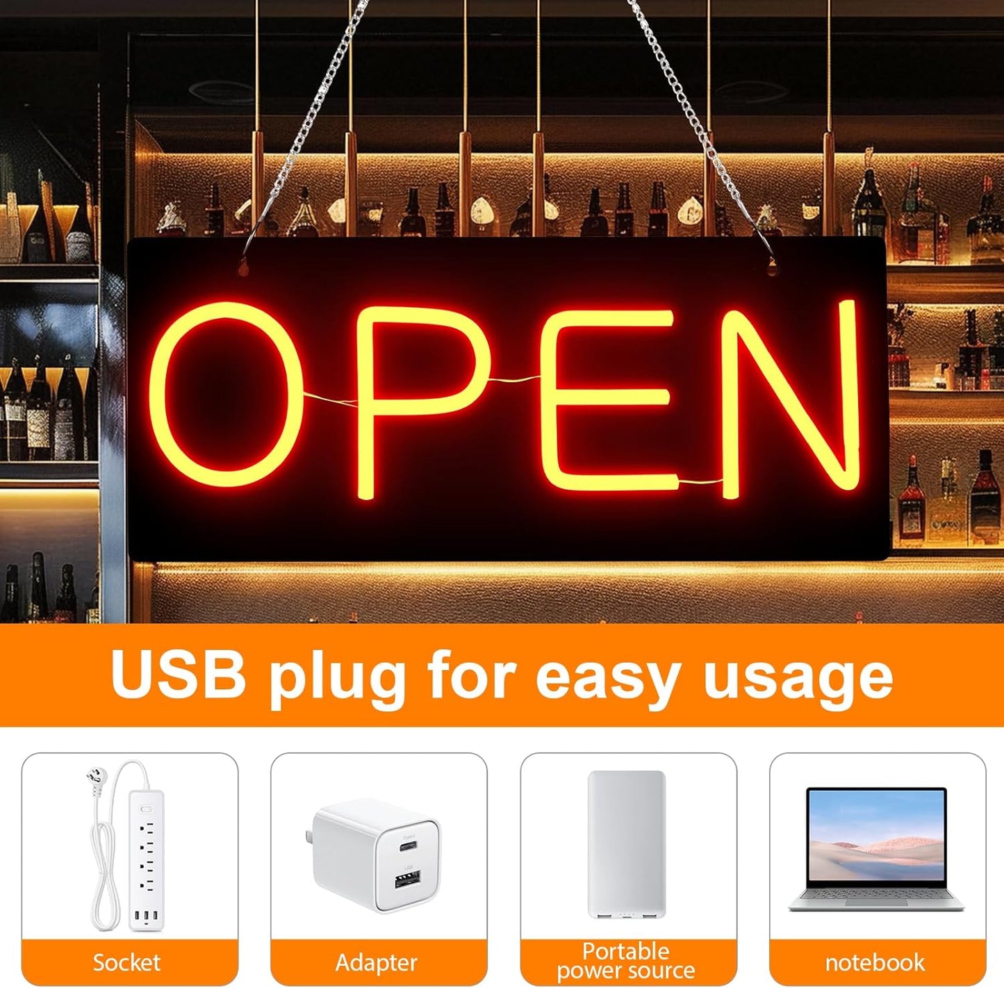 Led Open Sign for Business,OPEN and Close Double sided switching,Powered by 5V USB, And Adjustable Bright,Neon Sign for Storefront Window Glass Door Shop Store Florists Bar 15.7'' X 7''