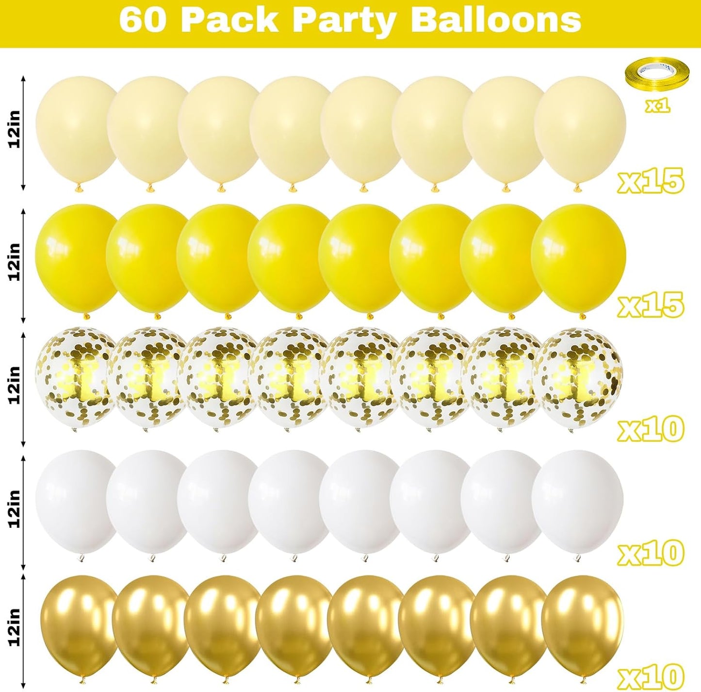 60PCS Yellow Balloons, 12Inch Pastel Macaron Yellow White Gold Confetti Helium Latex Party Balloons for Baby Shower Sunflower Honeybee Birthday Theme Party Decorations