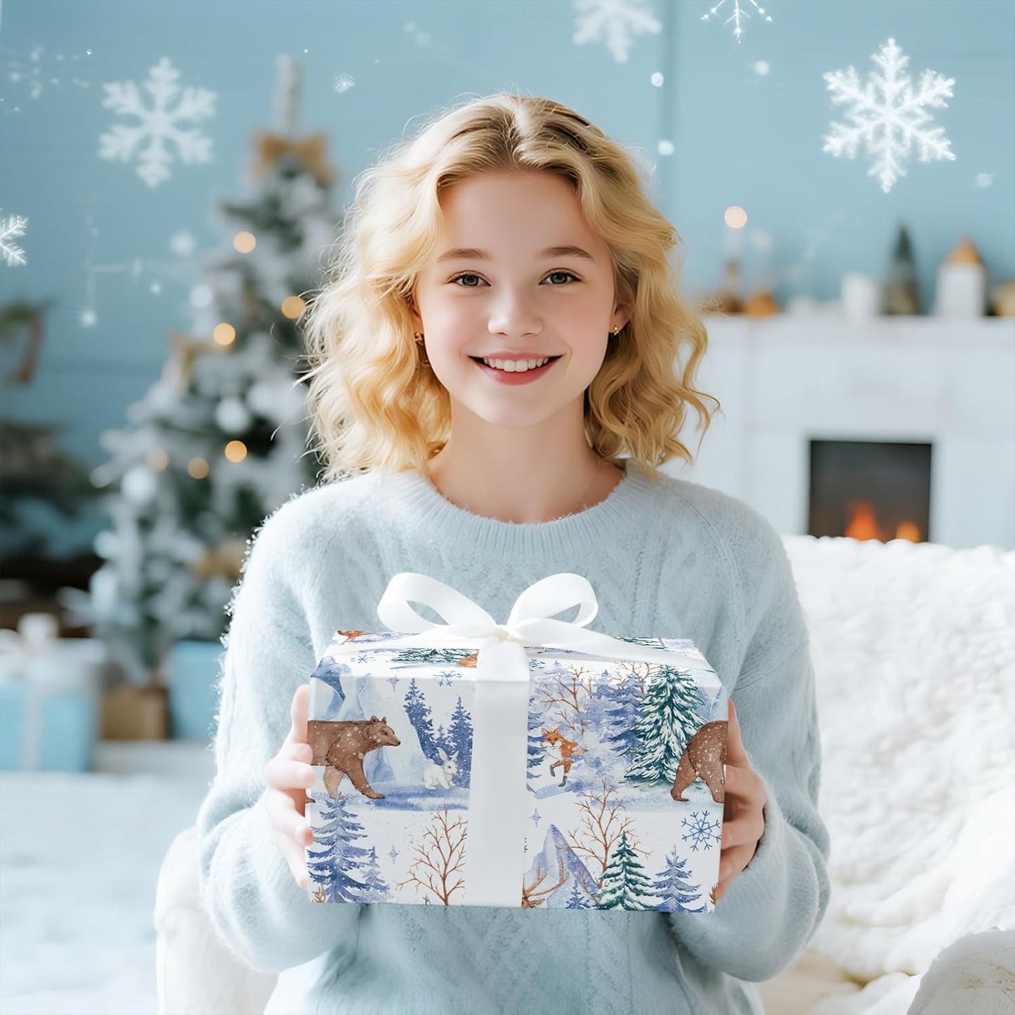 LeZakaa Christmas Wrapping Paper Roll, Winter Forest Animal Gift Wrap with Deer Bear Rabbit Snowflake Design, Watercolor Style, for Xmas Presents Family Gatherings, Holiday, Mini Roll 17 in x 16.4 Ft