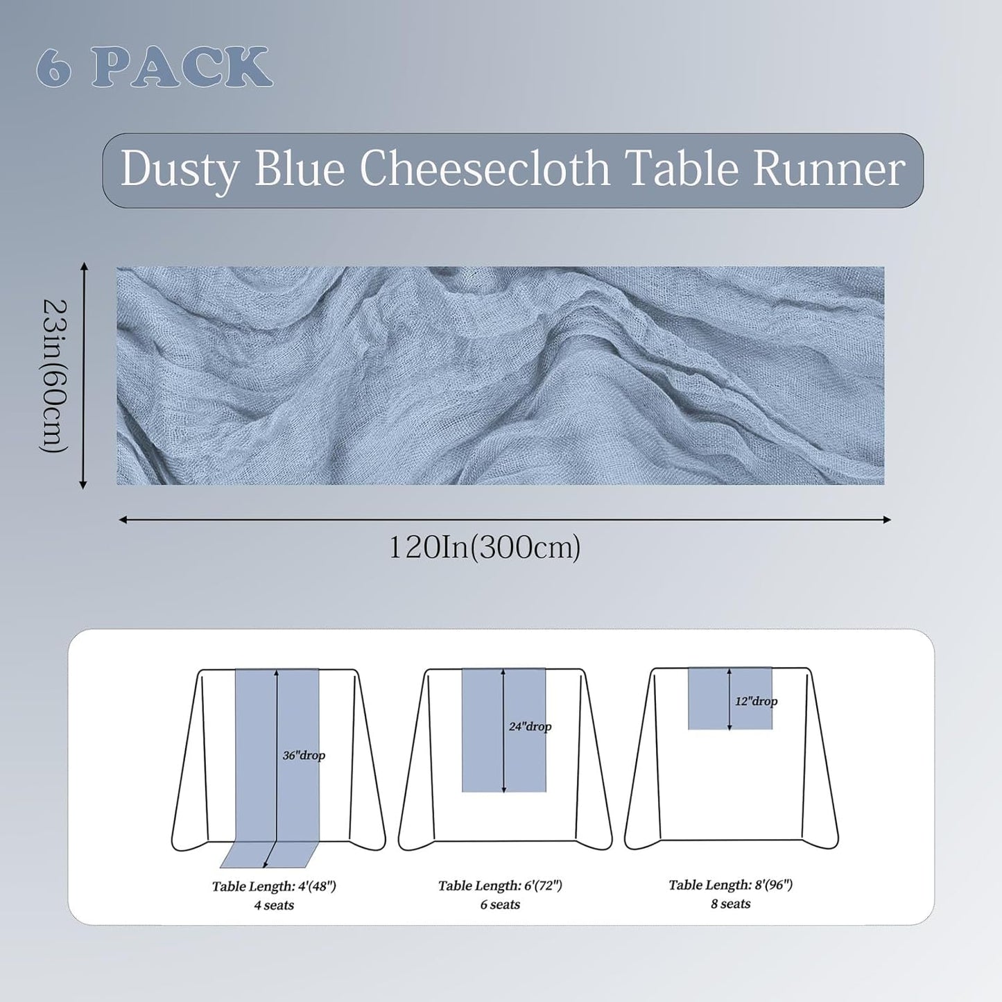 6 Pack Dusty Blue Cheesecloth Table Runner 23x120 inch Rustic Boho Gauze Table Runner 10 FT Long Sheer Cheese Cloth Fabric Table Runners for Romantic Wedding Bridal Shower Birthday Party Decor