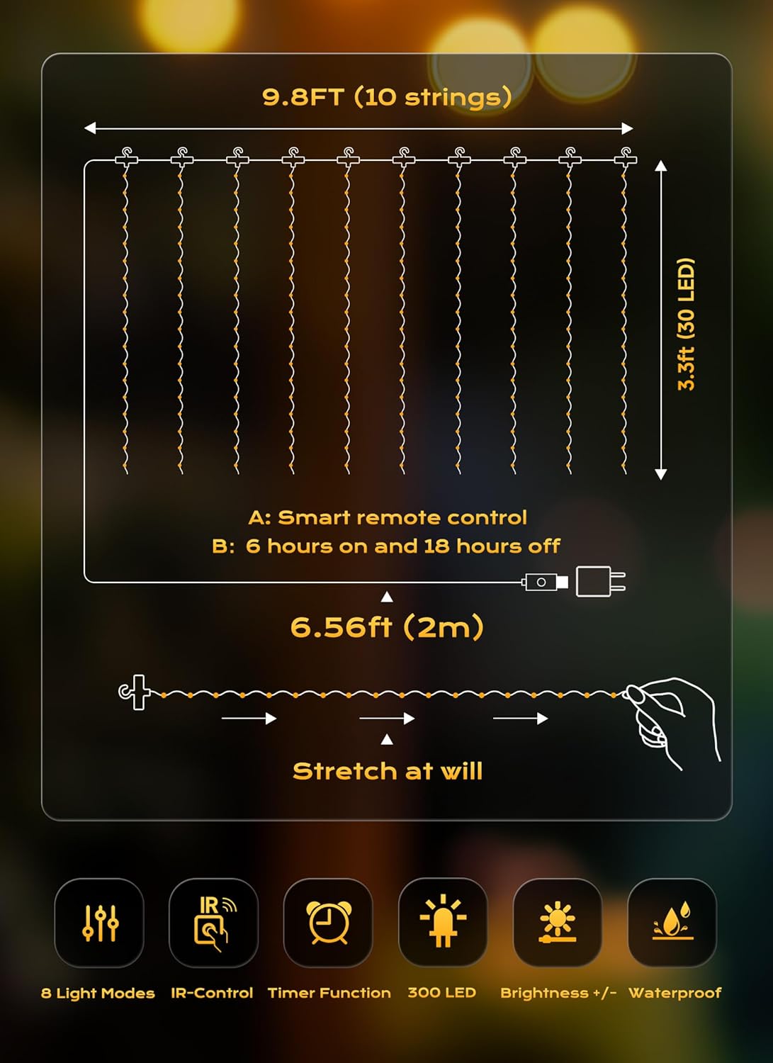 Brightown Curtain String Lights, Hanging Fairy Lights with Remote, 8 Modes, Waterproof Window Lights for Bedroom Backdrop Wedding Outdoor Christmas Party, White, 300LEDs