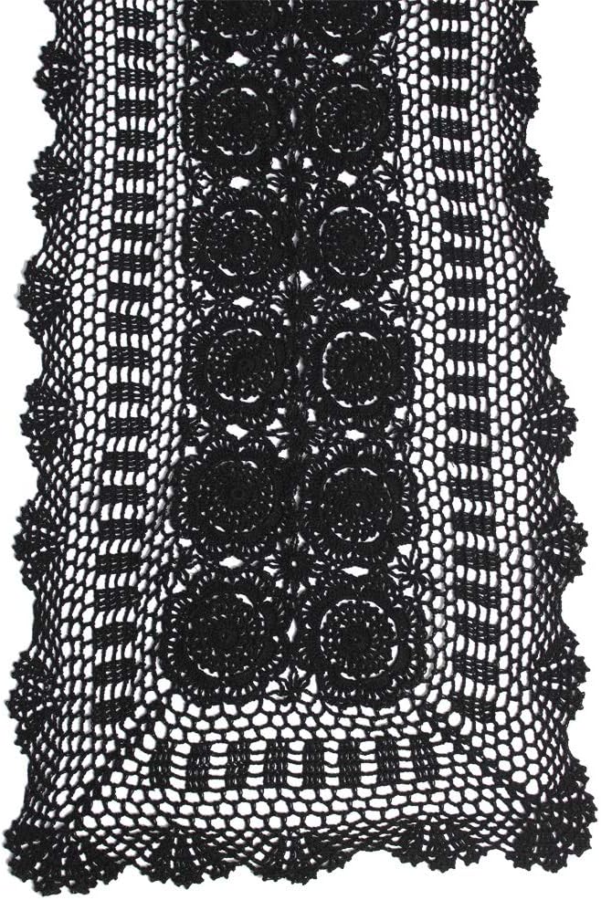 KEPSWET Cotton Handmade Crochet Lace Table Runner Black Rectangle Coffee Table Dresser Decor (14x72 inch)