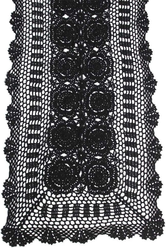 KEPSWET Cotton Handmade Crochet Lace Table Runner Black Rectangle Coffee Table Dresser Decor (14x72 inch)