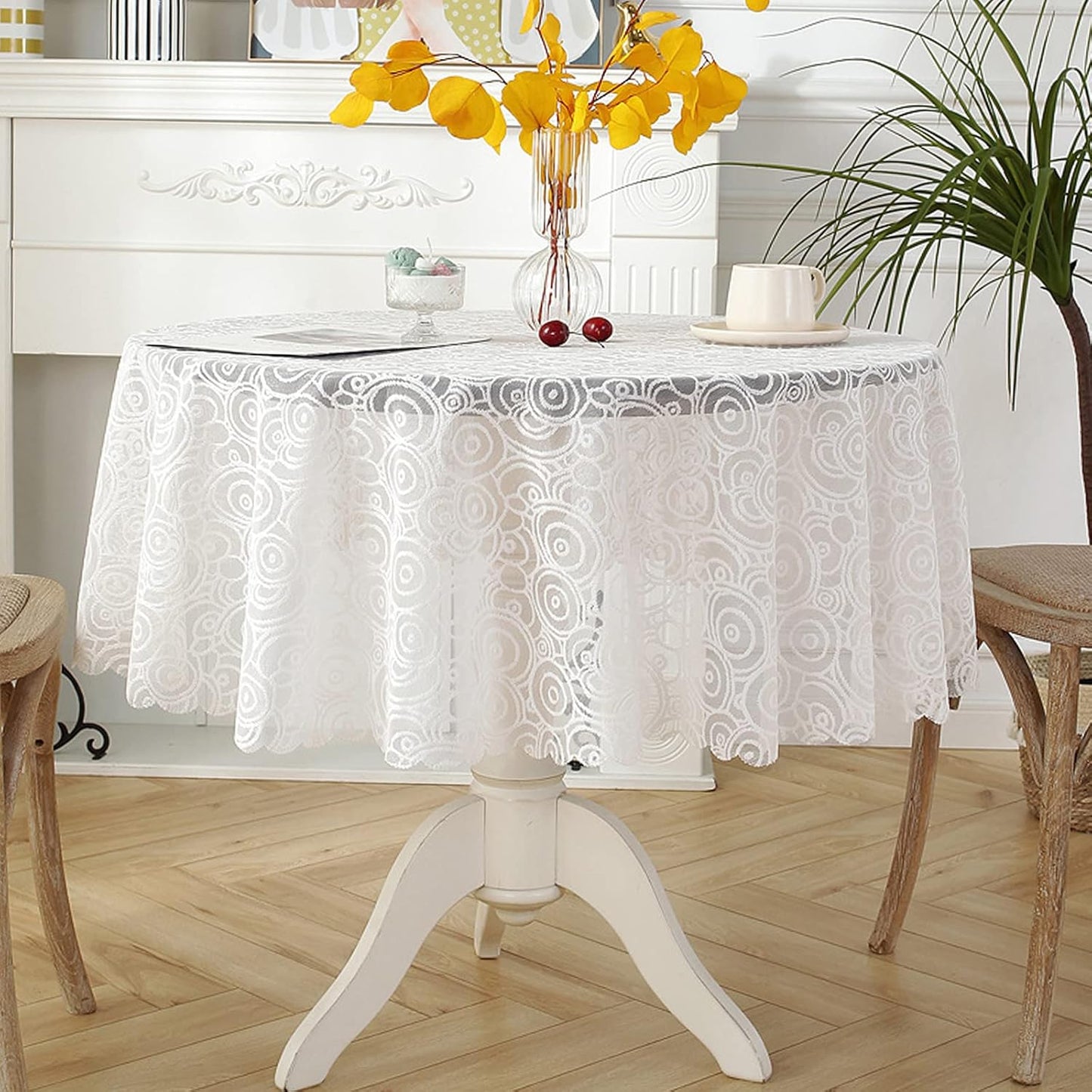 Jeloris Round Lace Tablecloth with Elegant Scalloped Bottom for Any Special Event Such as Wedding, Birthday Party, Baby Shower, Anniversary (70 inch, Style 5)