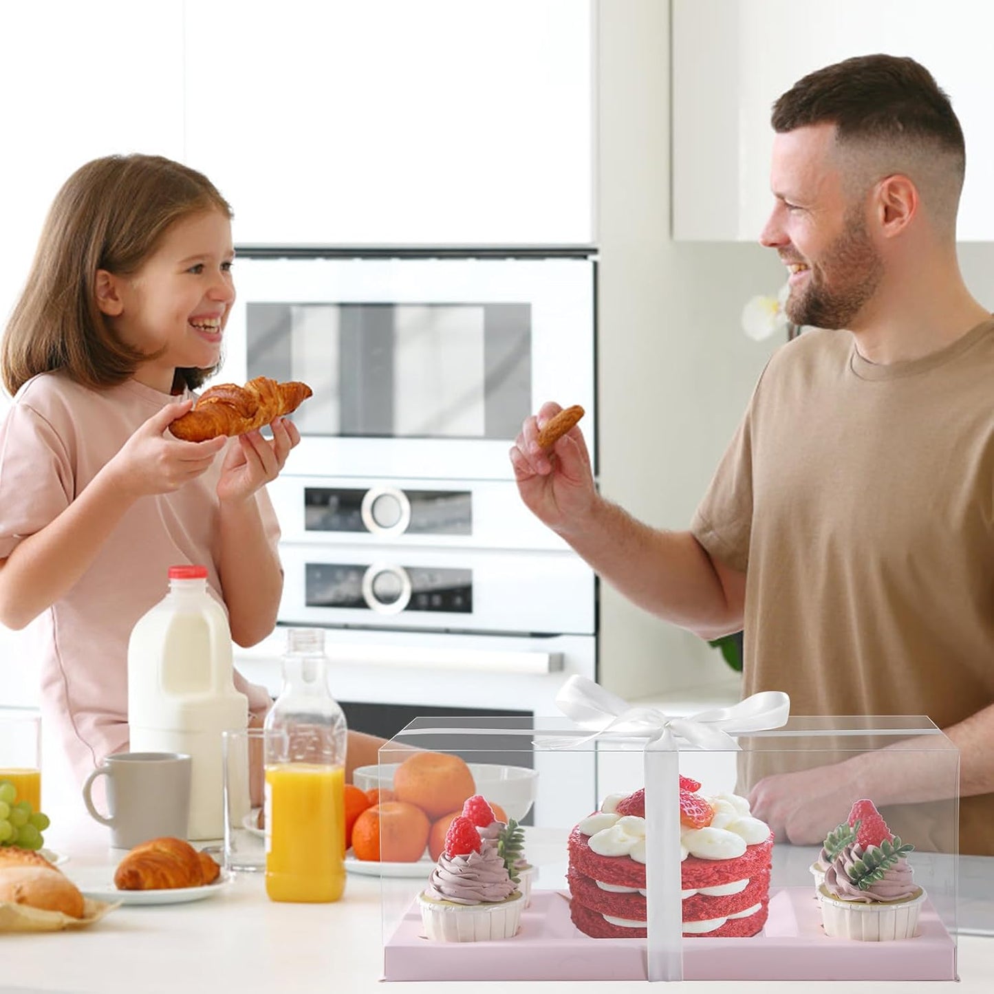 JCD 3Pcs Pink 1+4 Bento Box with Clear Window Bento Cake Boxes Combo Fit 4 Cupcake and 1 Mini Cake for Valentine Wedding Birthday Party Bakery Supplies(Pink 1+4/3Pcs)