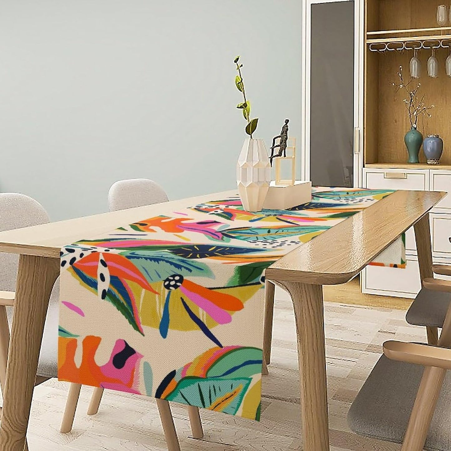 Colorful Flower Table Runner,Abstract Flower Blossom Botanical Pattern Print Tablecloth Burlap for Hotel Indoors Outdoor Dining Room Kitchen Table Decor, 13x70in