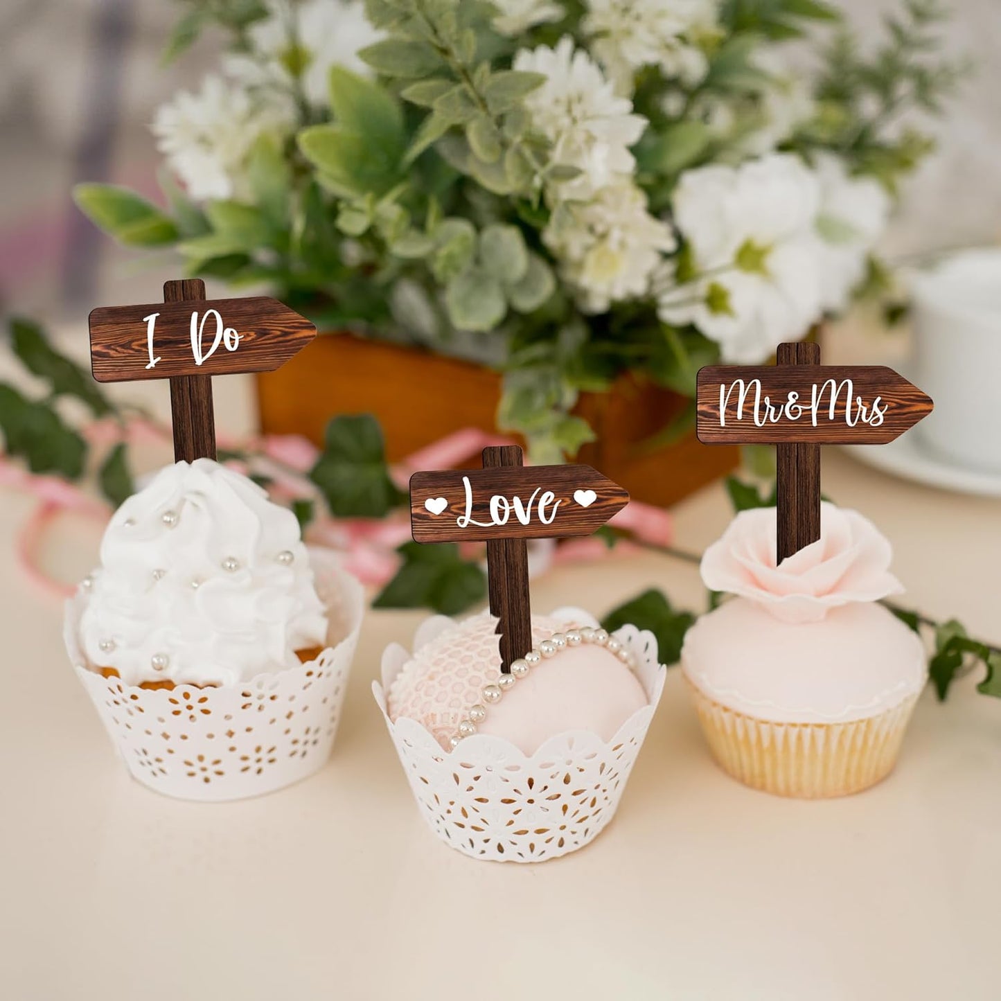 36 PCS Rustic Wedding Cupcake Toppers in Wood Wedding Engagement Cake Decorations