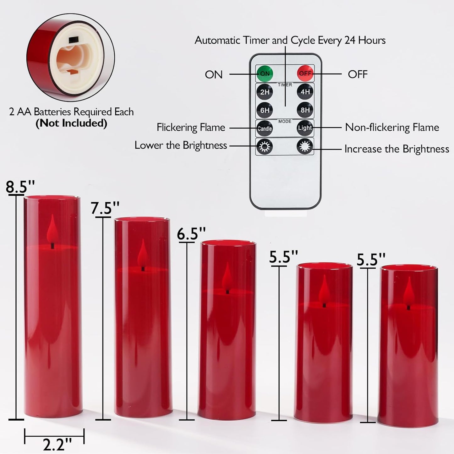 Amagic Red Flameless Candles with Remote, Battery Operated Candles with Timer, Acrylic Flickering LED Candles for Christmas Decor, 3D Wick, Warm Yellow Glow, D2.2 xH5 5" 6" 7" 8", Set of 5