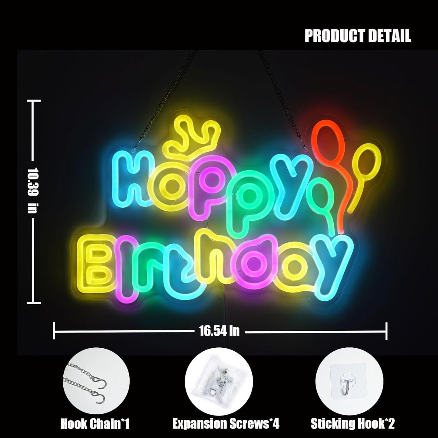 Happy Birthday neon signs，USB Powered Dimmable LED Colorful Lights for Backdrop Wall Decor,Eye-Catching Birthday light up sign for Parties Unforgettable Gifts Backdrops Size:16.54 * 10.39in