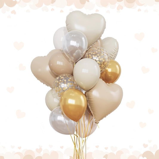 Sand White and Gold Balloons Beige Heart Balloon as Engagement Party Decorations, Metallic Gold and Cream White Nude Confetti Balloons 18 inch Clear Heart Shape Foil Balloon as Bride Wedding Decor