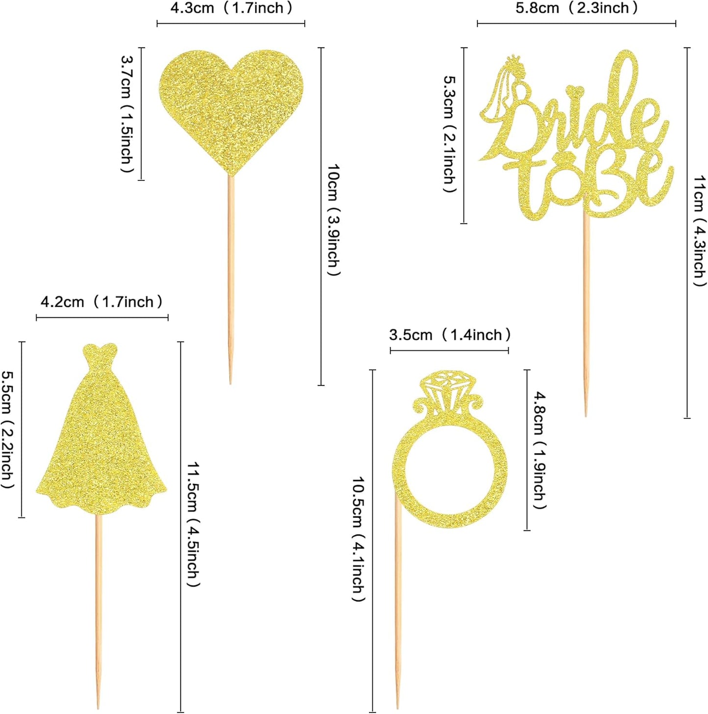 Pack of 24 Bride to Be Cupcake Toppers with Heart Ring Dress Bridal Shower Cupcake Picks Wedding Engagement Bachelorette Party Cake Decorations Supplies - Gold Glitter