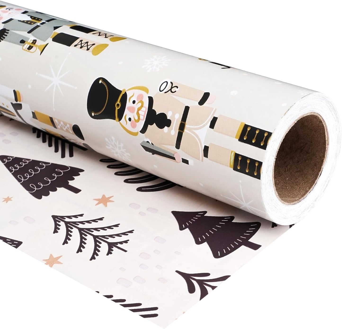 Ulmasinn Reversible Christmas Wrapping Paper Roll - 17" x33ft Double-Sided Designs with Luxury, Gold Nutcracker & Minimalist Black Forest, Xmas Gift Wrap for Presents, Table Decor & Crafting