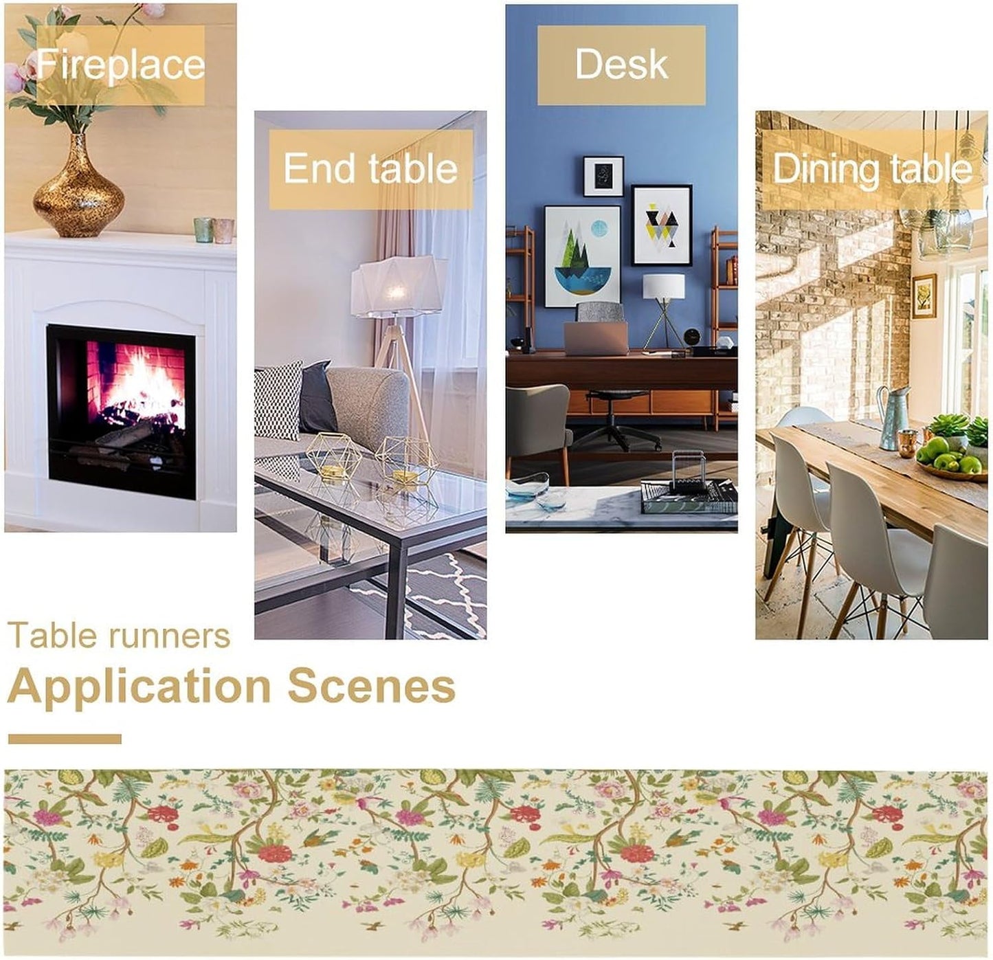 Floral Table Runner, Vintage Birds Wildflowers Herbs Nature Theme Linen Long Table Kitchen Dining Table Holiday Party Decorative Table Runner,13in（33cm） W * 108in（274cm） L