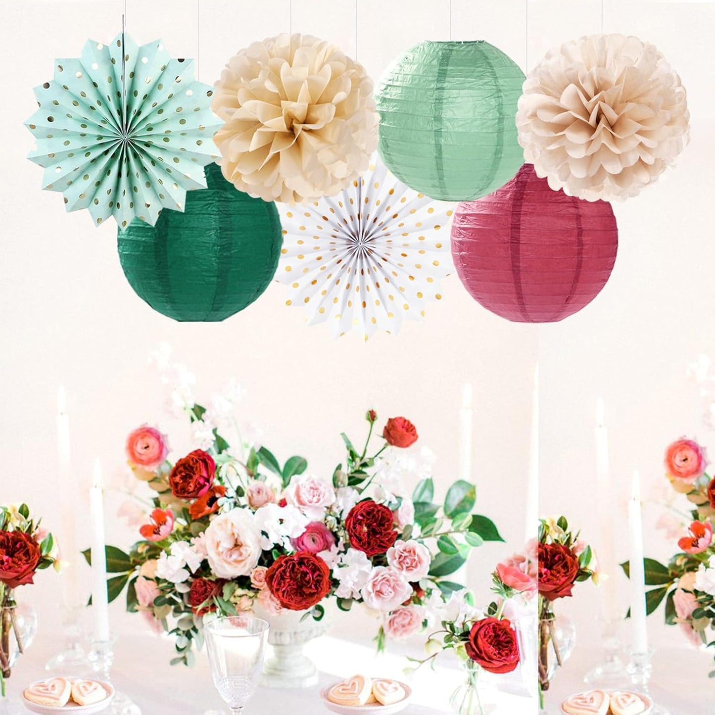 Sage-Olive Green Burgundy-Champagne Boho Party-Decorations - 20pcs Birthday Paper Lanterns Fans,Tissue Pom Poms,Honeycomb Balls,Bunting,Christmas Bridal Baby Shower Wedding Engagement Decor Burgleda