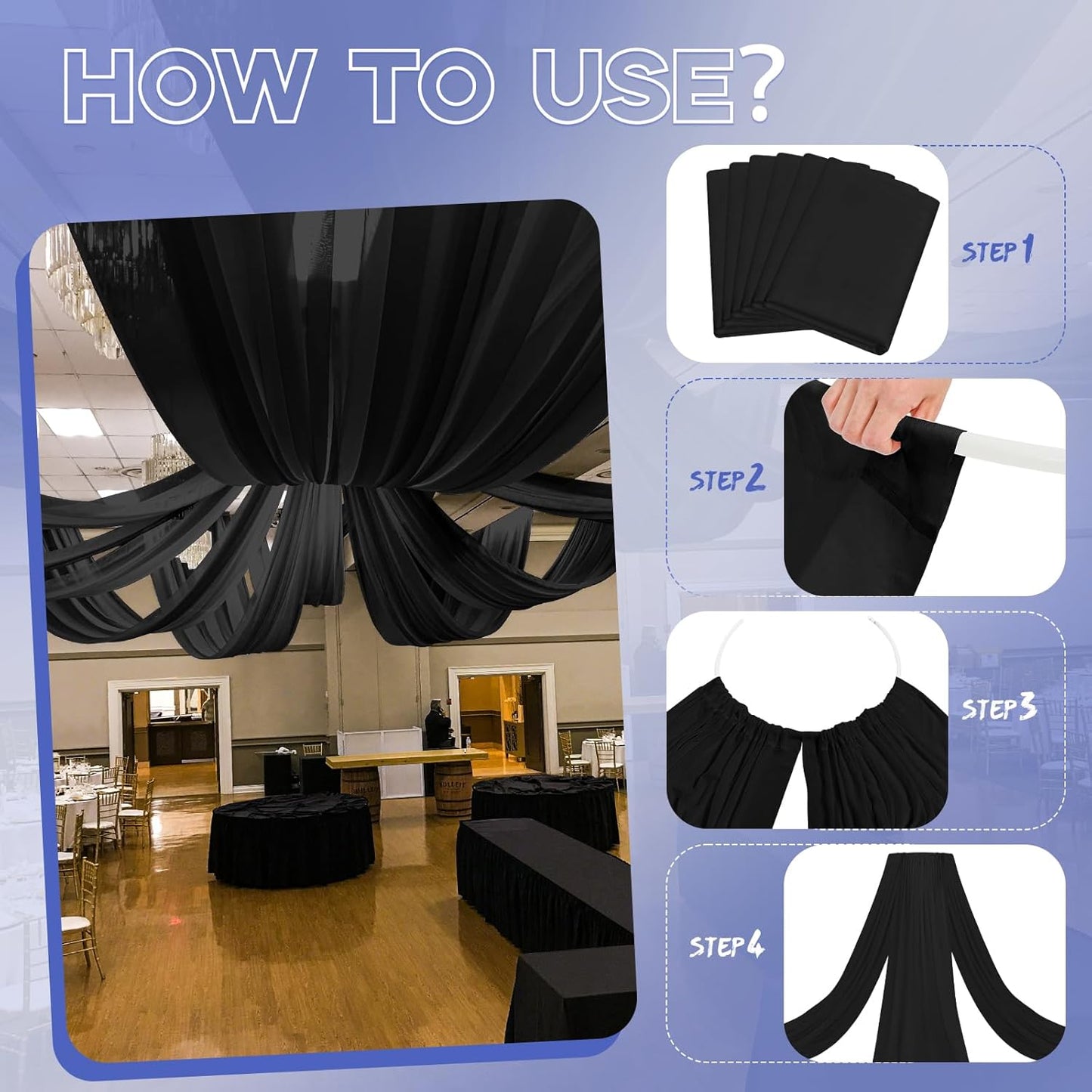 6 Panels Black Ceiling Drapes for Wedding 5ftx20ft Ceiling Drapes Wedding Arch Draping Fabric Cheesecloth Sheer Curtain Romantic Ceiling Decorations for Weddings Party Banquet Ceremony Stage