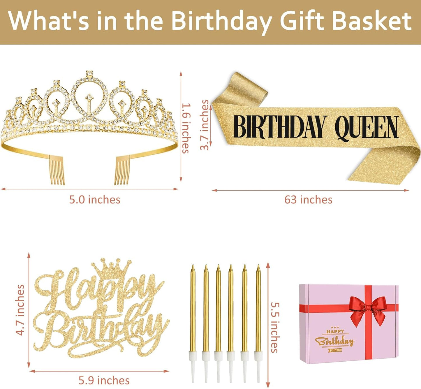 Birthday Decorations for Women/Girls, Including Queen Sash and Crown, Cake Topper, Candles. Birthday Sash and Tiara for Women, Golden Party Decorations Favors