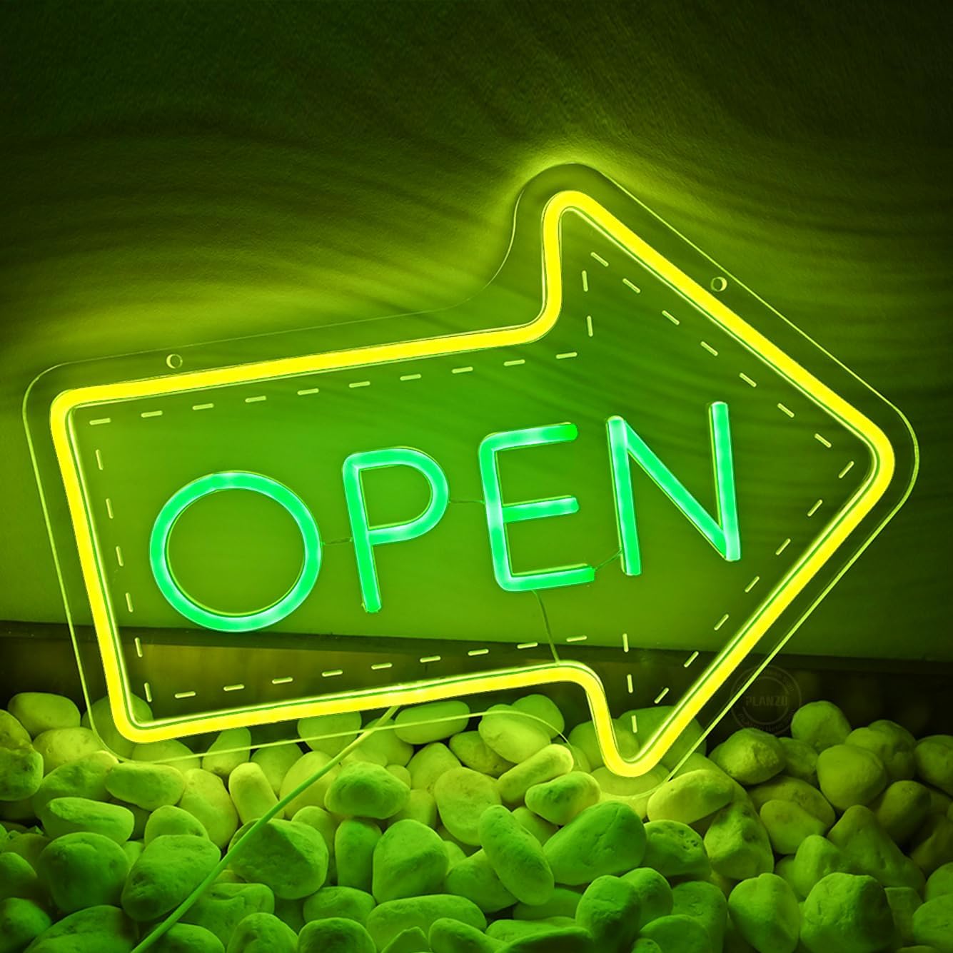Planzo Open Neon Sign LED Beer Bar Open Neon Light for Wall Decor Light Up Sign for Home Pub Restaurant Business Party Man Cave Room Art Coffee Bistro USB Dimmable Yellow Green Indoor Use