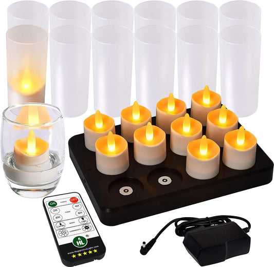 HL Flameless Candles with Remote Timer, 100+Hours Rechargeable Waterproof Battery Operated Tea Lights with Charging Base, Yellow LED Votive Floating Candles for Festival Wedding Home Party Decor-12pc