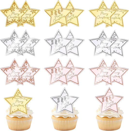36 Pcs Merry Christmas Acrylic Cupcake Toppers Acrylic Mirror Star Xmas cupcake picks New year Party Cake Decorations