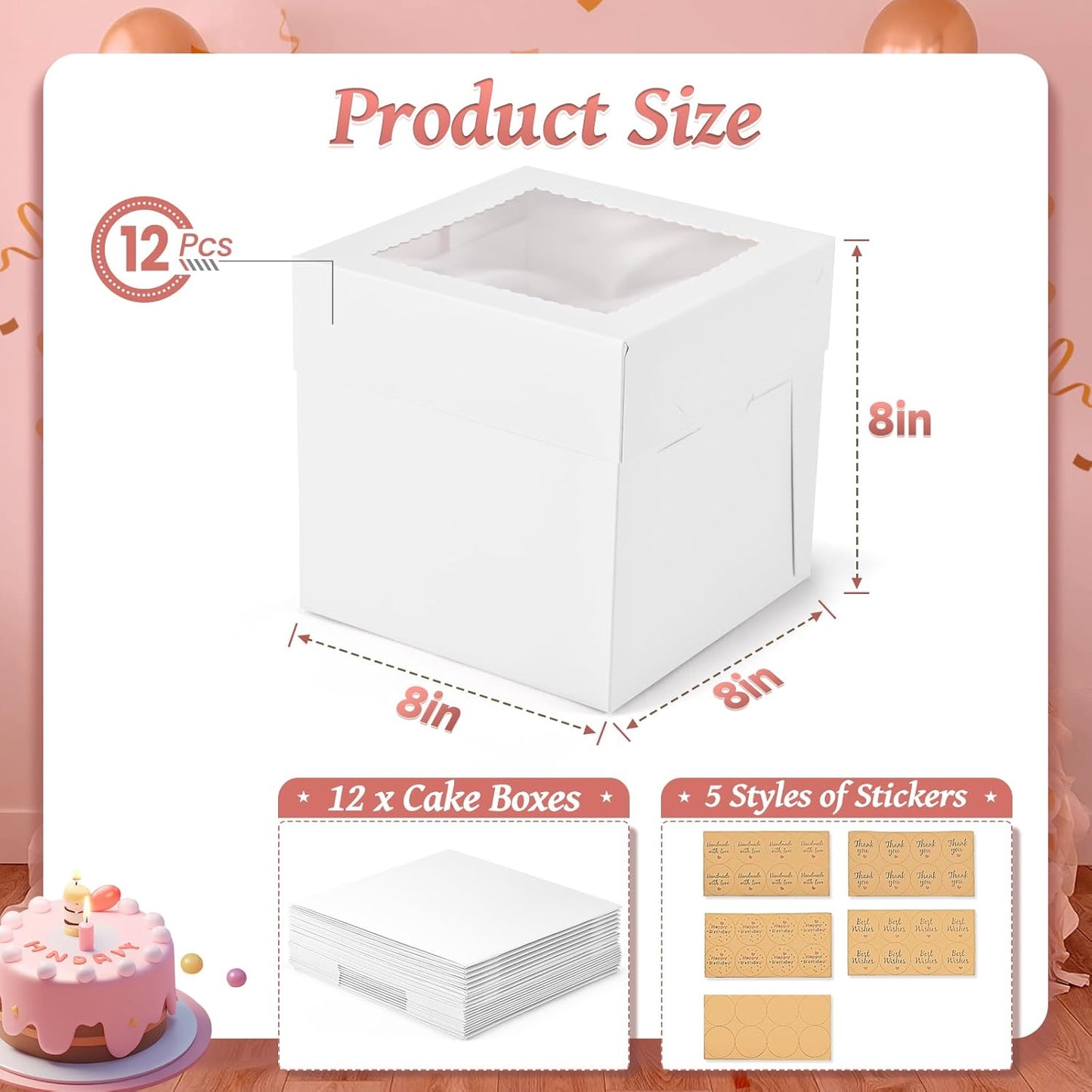 12Pcs 8x8x8 Inches Cake Boxes, White Square Bakery Boxes with Window, Disposable Cake Carrier Container for Pastries, Pie, Cookies, Chocolates, Cupcakes, Birthday Party, Wedding