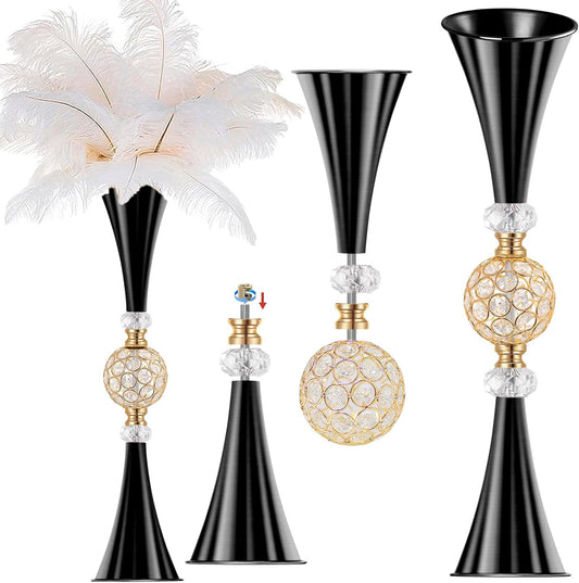 VIJIV Black Crystal Flower Vases for Centerpieces Tables - Tall Trumpet Vase for Bouquet Decorative, Dining Table Décor Flower Stand with Ribbed Texture for Events, Bridal Showers & Boho Weddings