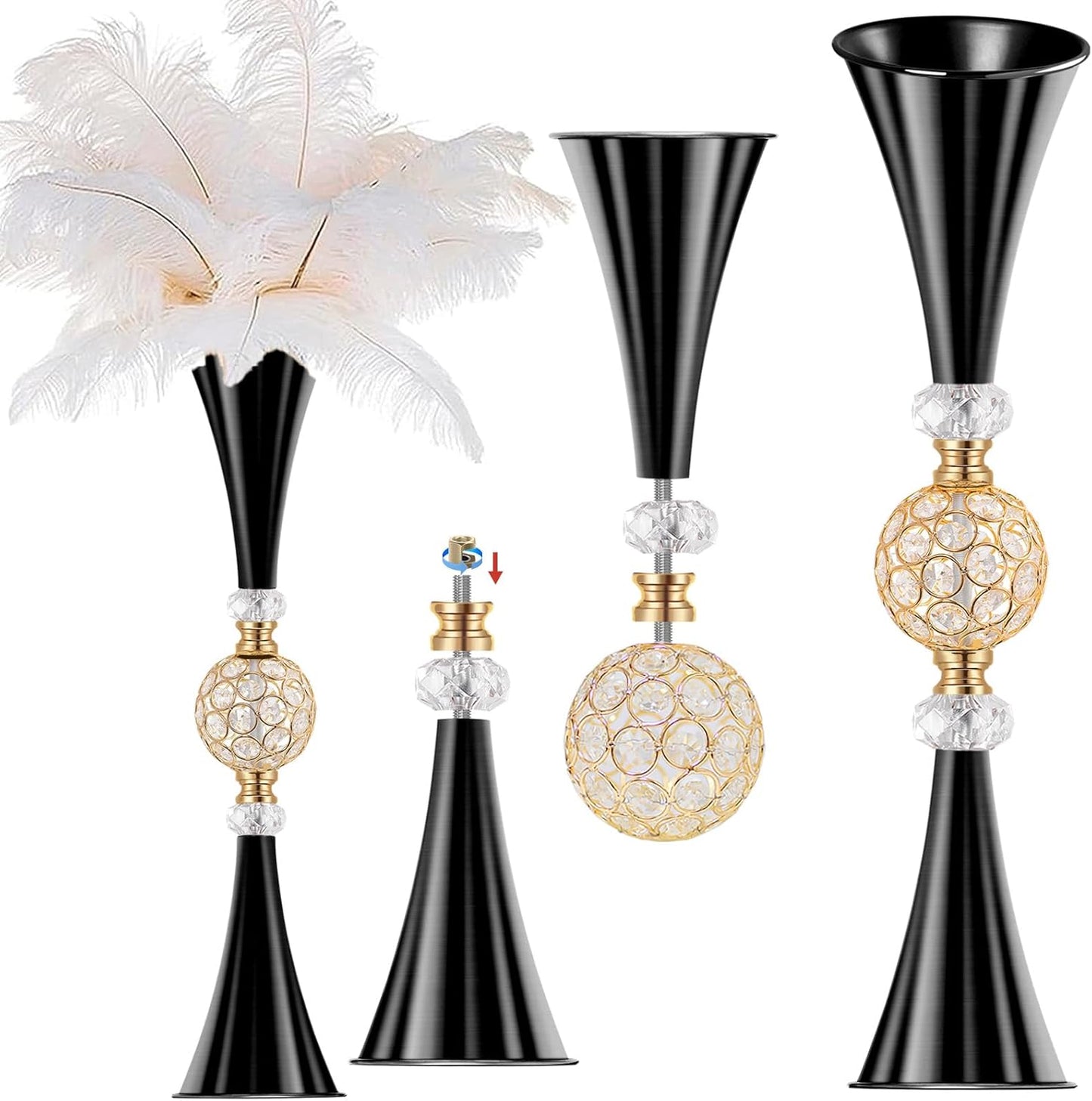 VIJIV Black Tall Crystal Flower Vases for Centerpiece - 28'' Large Trumpet Vase for Bouquet Skinny Decorative, Floor Vase Flower Stand for Party Event, Dining Table Décor, Bridal Shower, Wedding