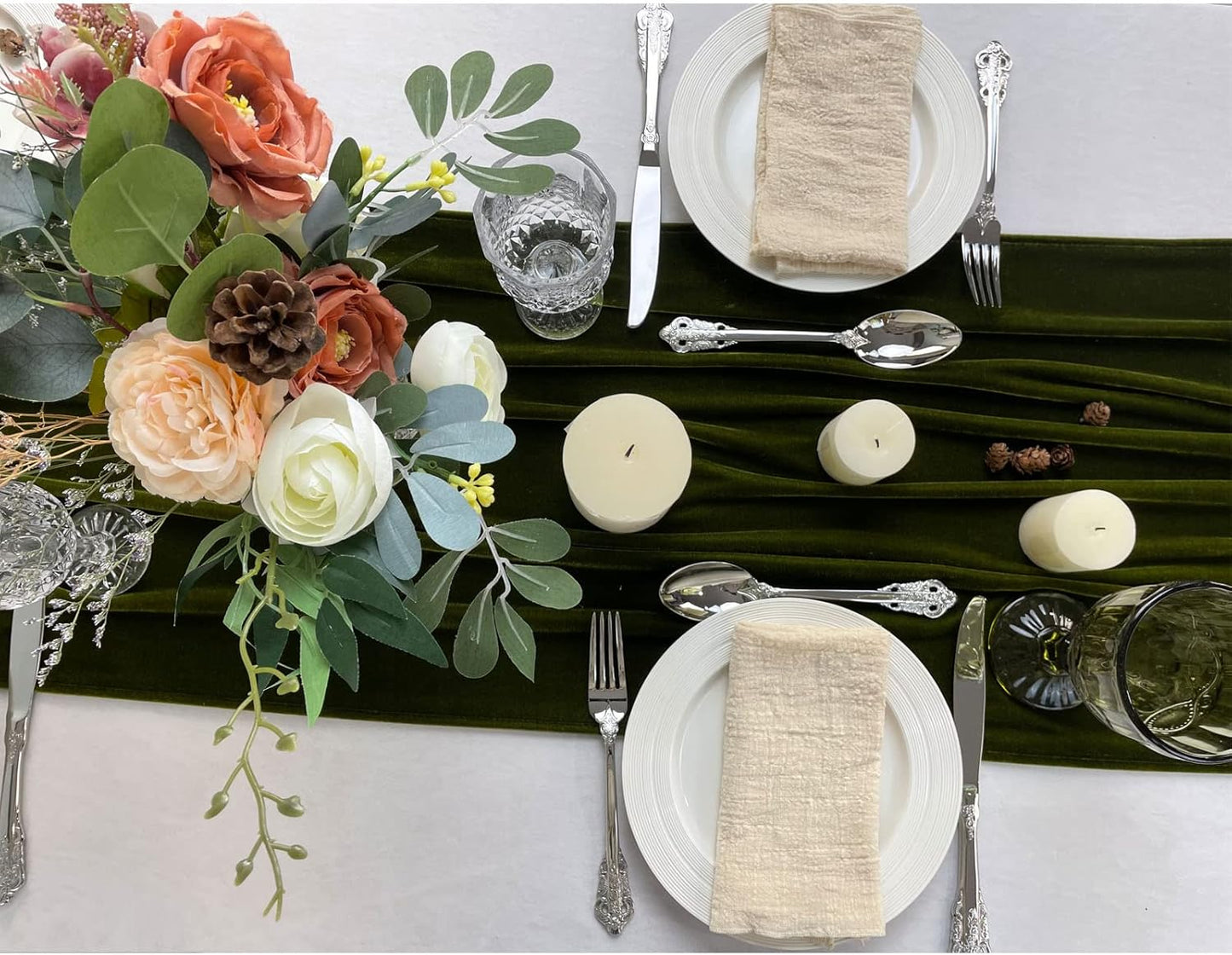 Luxurious Velvet Table Runner, 10ft Wedding Reception Decorations, 20x120inch Soft Velvet Fabric, Table Linen Overlay, Wedding Table Runners (Olive Green, 20X120inch)