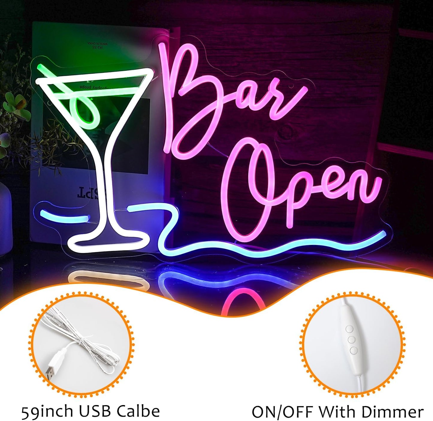 Bar Open Neon Sign Dimmable LED Cocktail Neon Lights Signs for Wall Decor Open Neon Light Bar Sign for Business Pub Store Man Cave Party Club Restaurant Decor