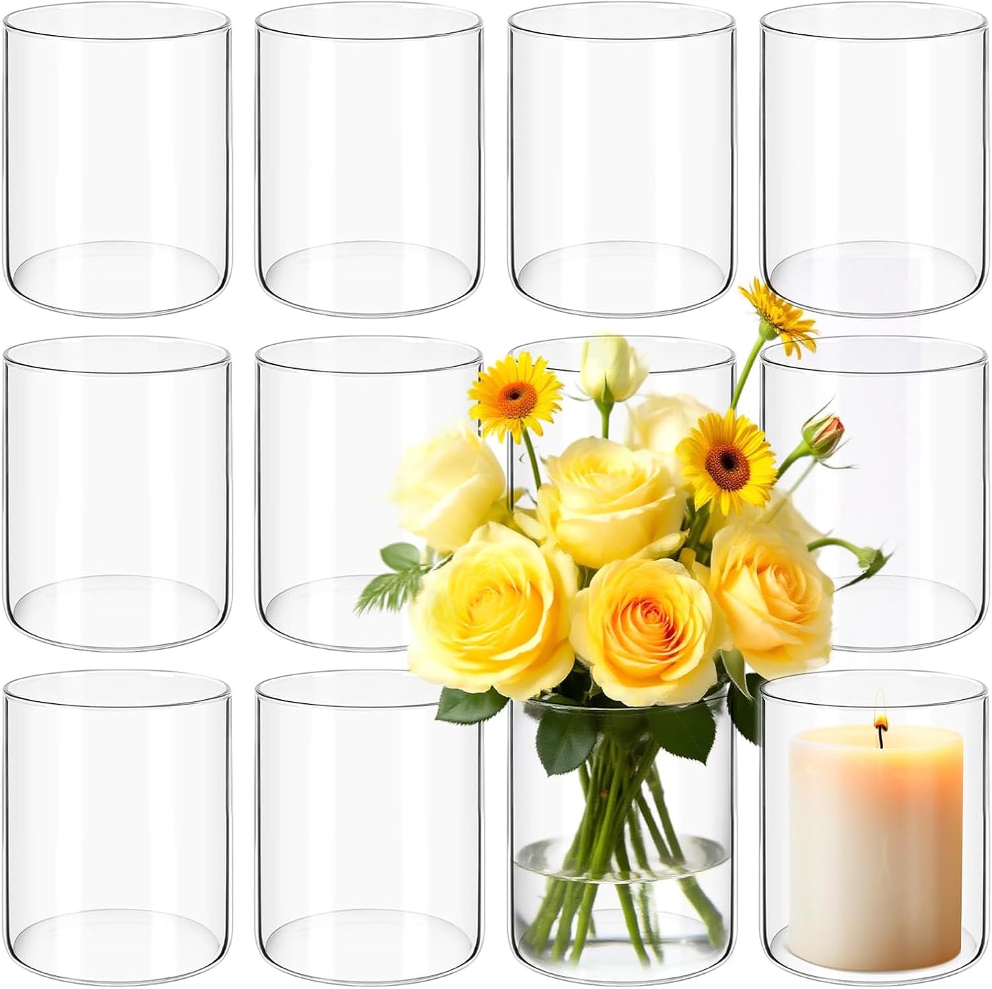 12Pack Glass Cylinder Vases for Centerpieces - 4 Inch Small Flower Vase for Wedding Decorations, Floating Candle Holder Vase Bulk,Glass Hurricane Candle Holders for Table Shelf, Party, Home Decor