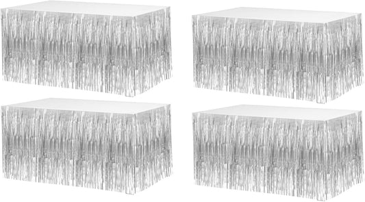 4 Pack 29x108 Inch Metallic Foil Fringe Tinsel Table Skirts for Rectangle Tables Streamer Curtains Backdrop for Wedding, Birthday, Parade Floats, Christmas, Halloween Party Decoration(Silver)